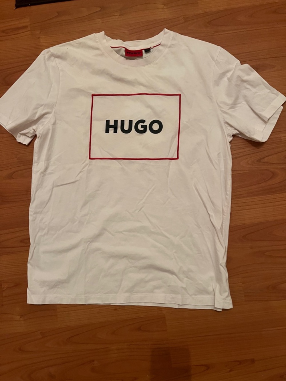 HUGO White Tee with Black Logo and Red Box